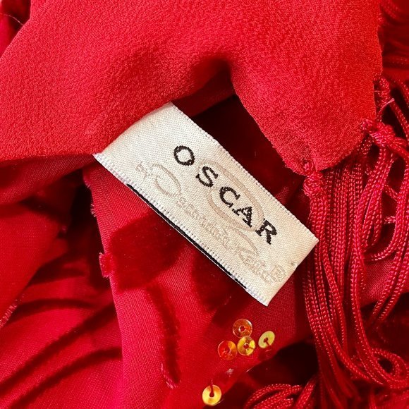 OSCAR DE LA RENTA Scarf Red Floral Burnout Velvet Sheer Fringe Sequins Evening - Picture 5 of 9